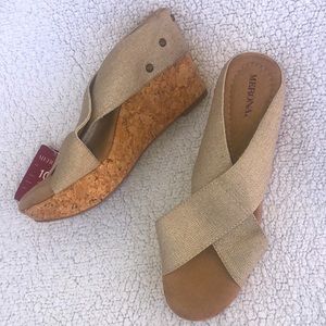 Wedge sandals size 10 crisscross strap canvas cork platform NWT fabric metallic